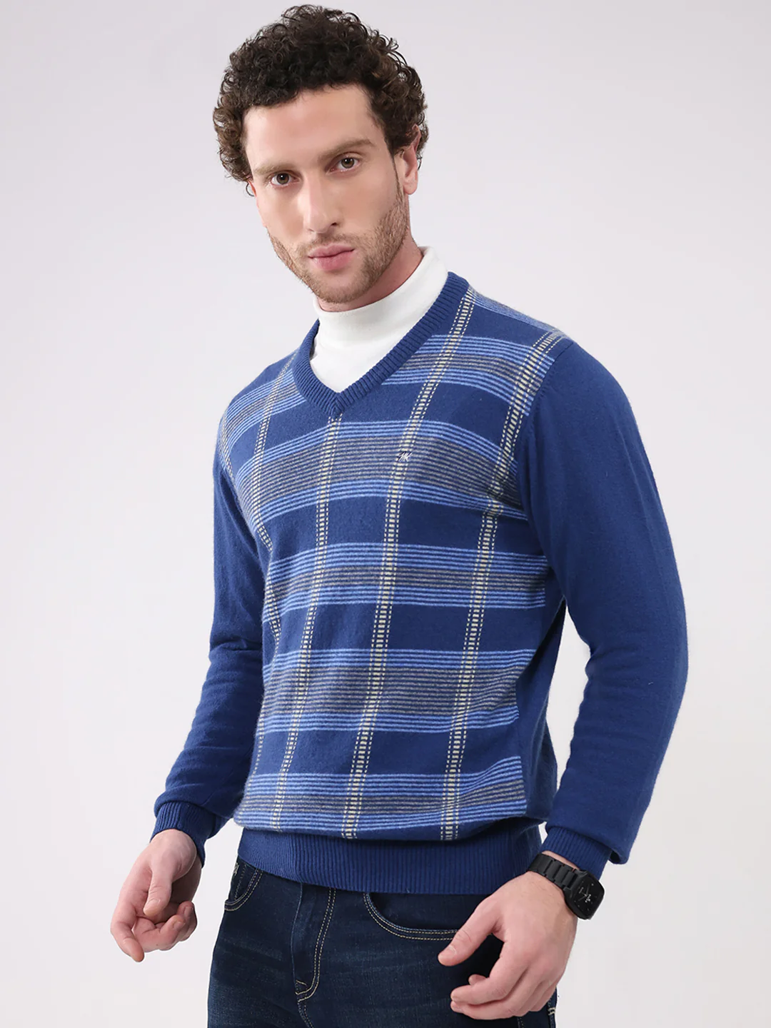 Men Dark Blue Printed V Neck Full Sleeve Pullover - Image 3