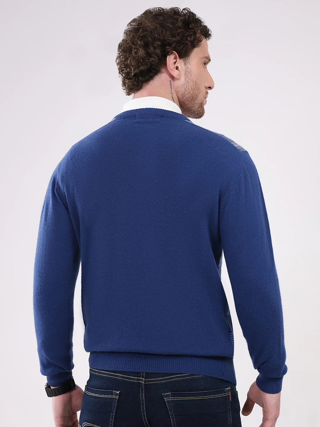 Men Dark Blue Printed V Neck Full Sleeve Pullover - Image 5