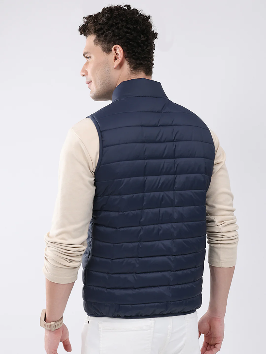 Men Dark Blue Solid Collar Sleeveless Jacket - Image 5