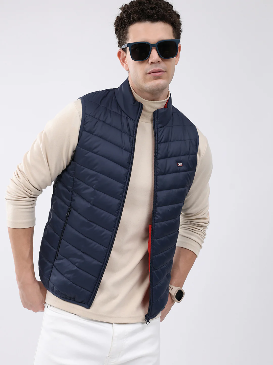 Men Dark Blue Solid Collar Sleeveless Jacket - Image 6