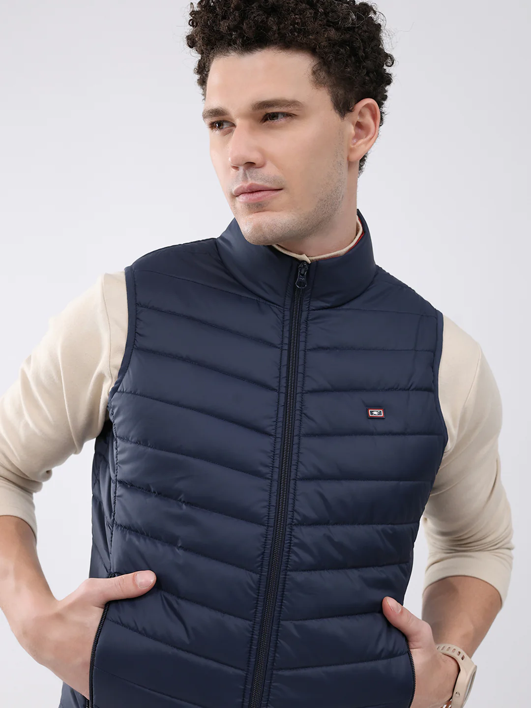 Men Dark Blue Solid Collar Sleeveless Jacket - Image 7