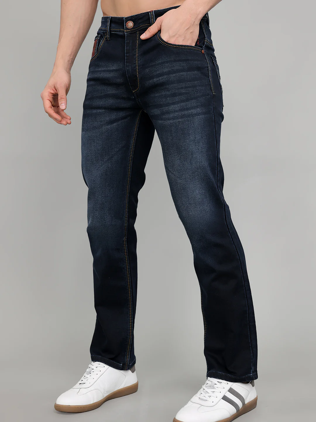 Men Dark Blue Solid Straight Fit Denim - Image 2