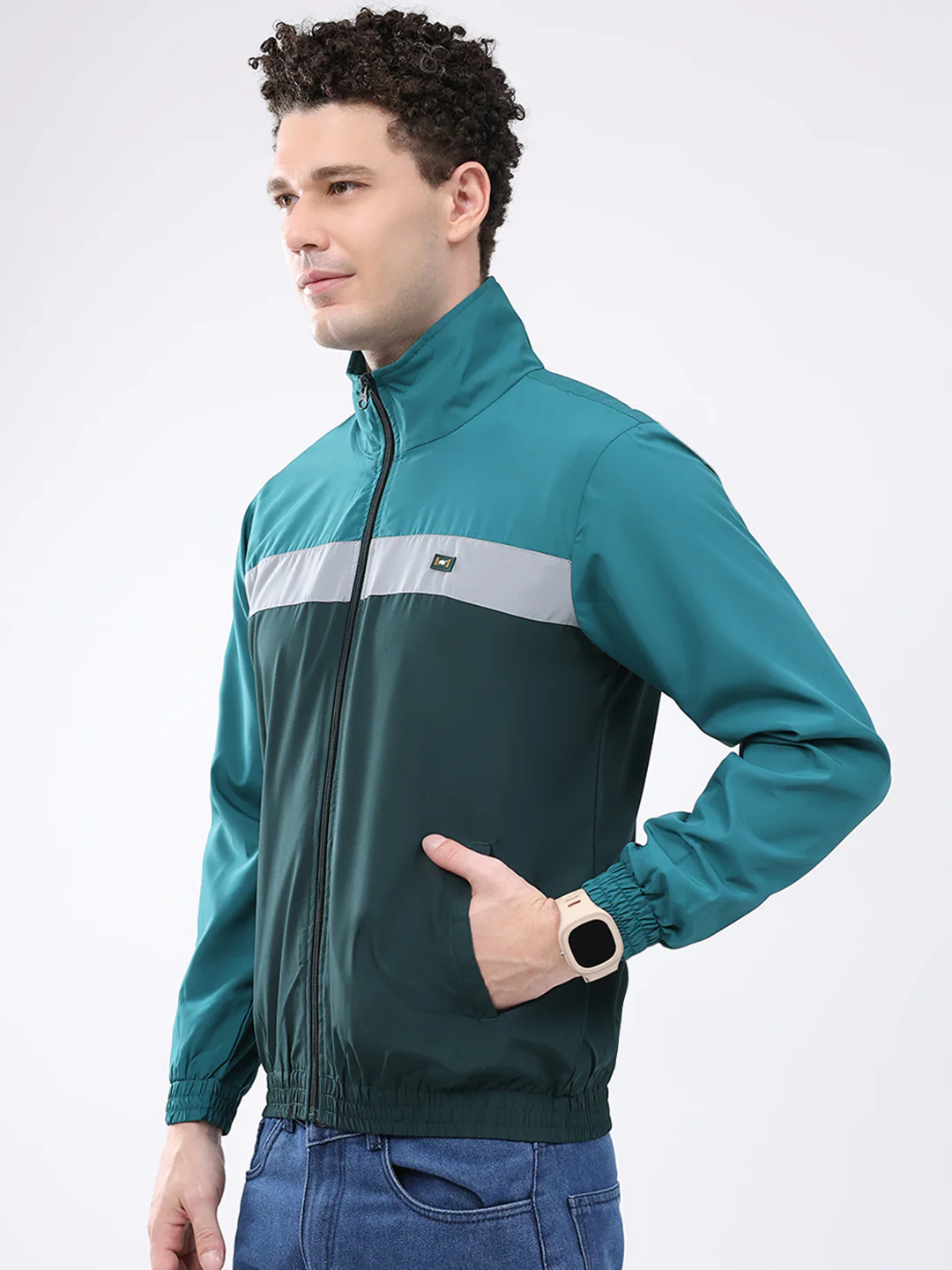 Men Dark Green Printed Collar Full Sleeve Jacket - Image 3