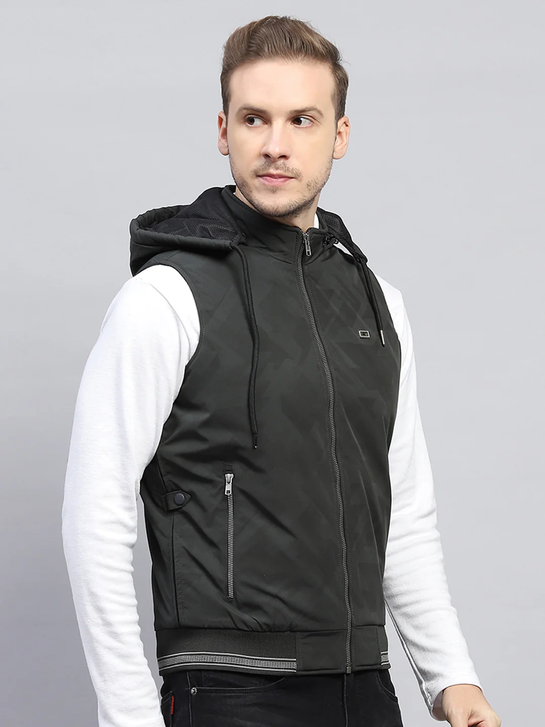 Men Dark Green Printed Hooded Sleeveless Jacket - Image 3