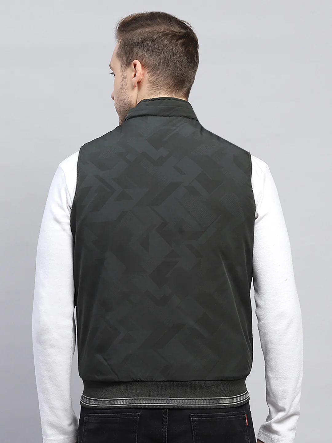 Men Dark Green Printed Hooded Sleeveless Jacket - Image 6