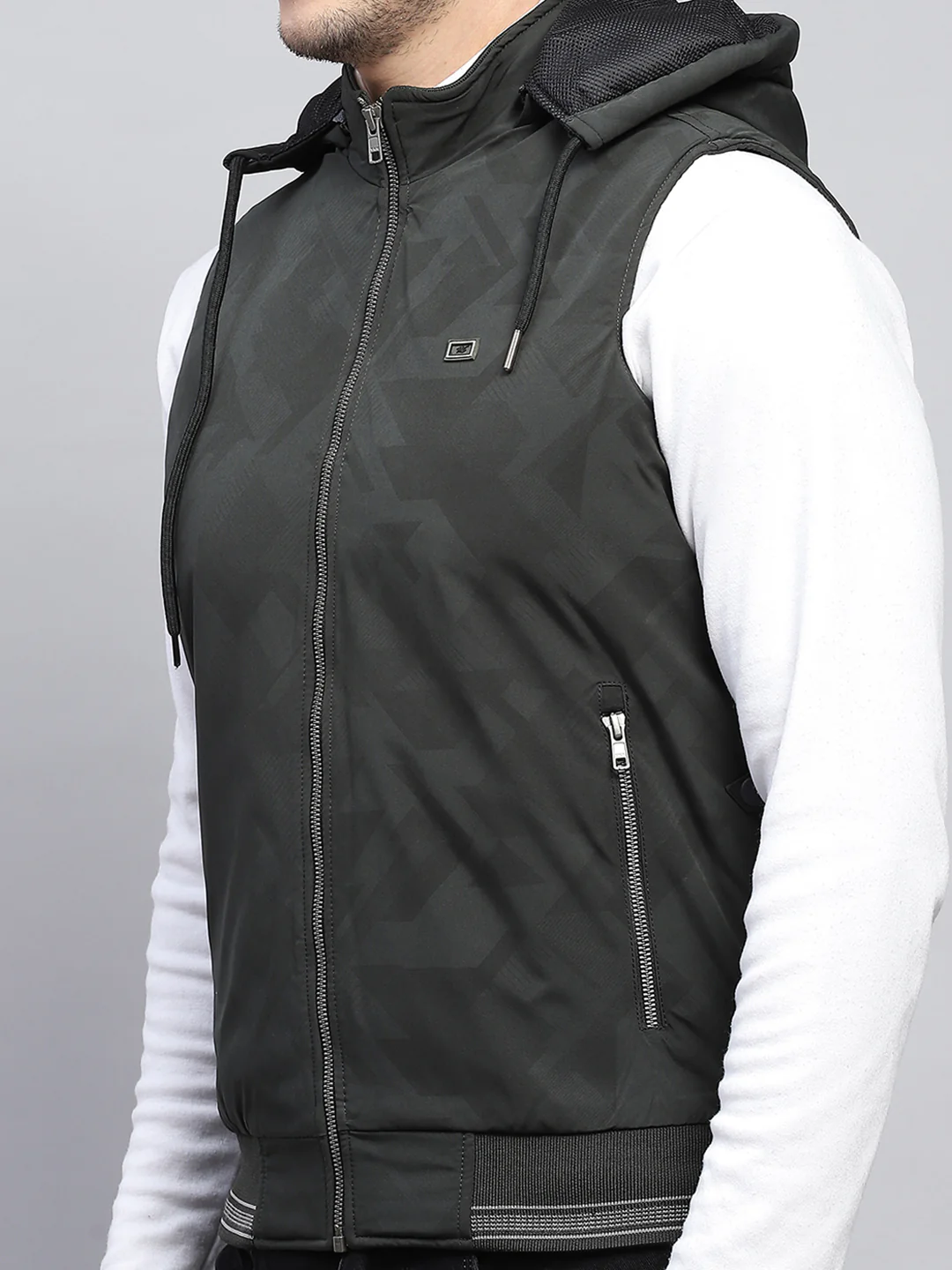 Men Dark Green Printed Hooded Sleeveless Jacket - Image 8