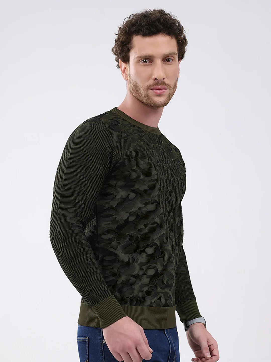 Men Dark Green Self Design Round Neck Full Sleeve Pullover - Image 4