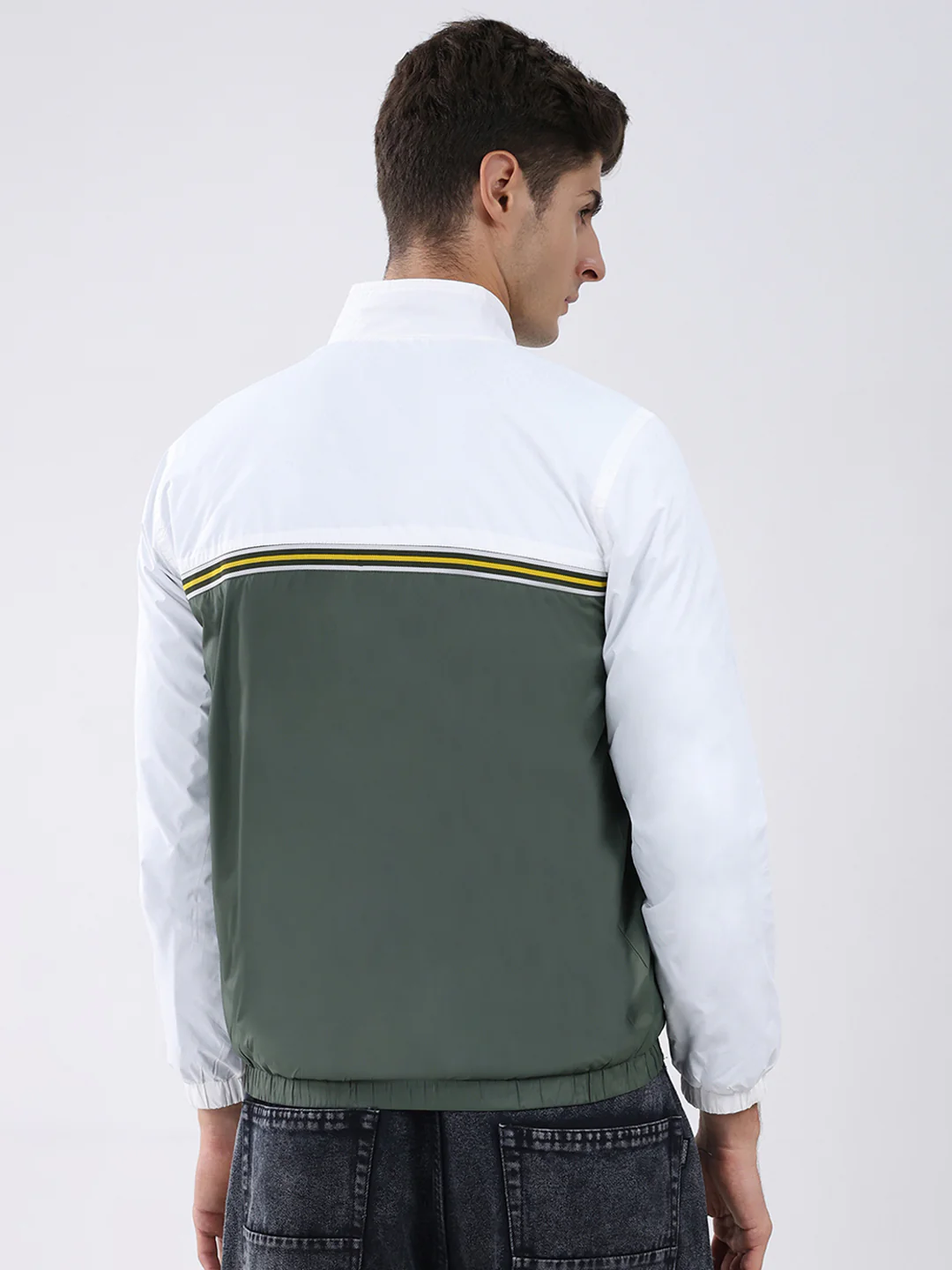 Men Dark Green Self Design Stand Collar Full Sleeve Jacket - Image 5