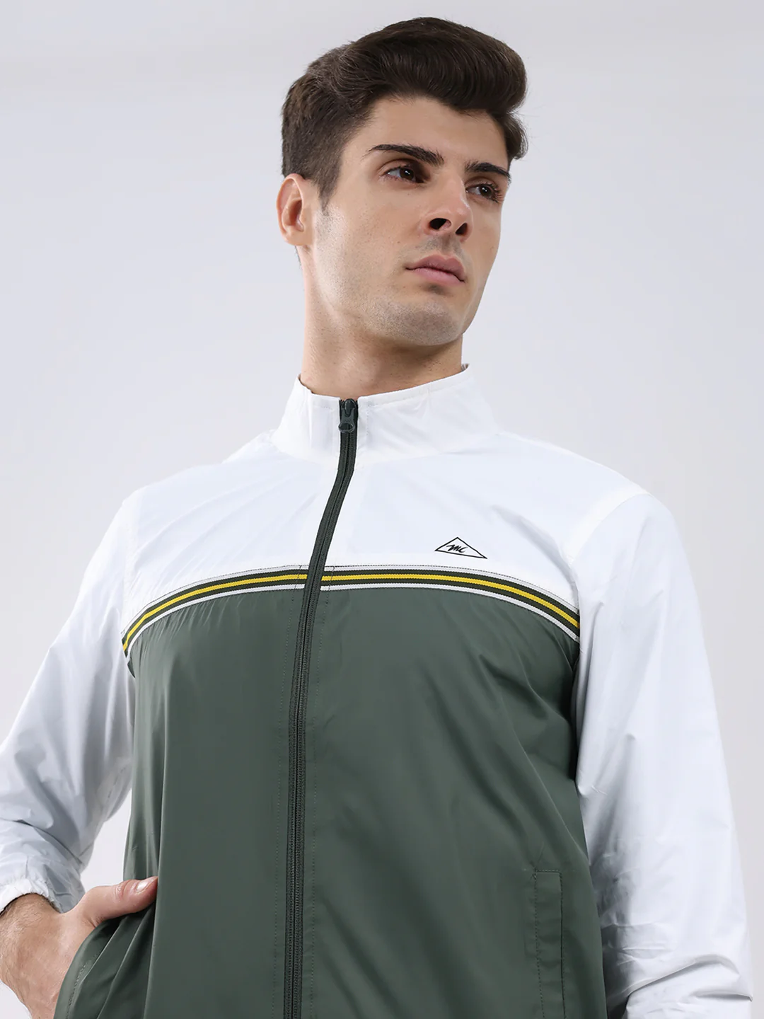 Men Dark Green Self Design Stand Collar Full Sleeve Jacket - Image 7