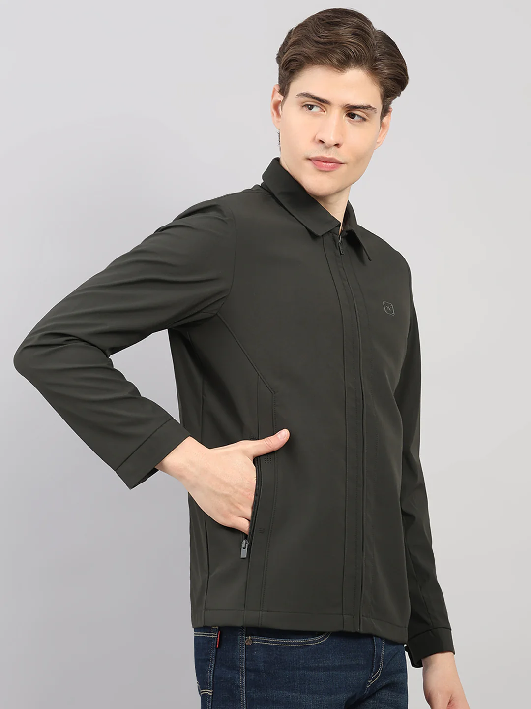 Men Dark Green Solid Stand Collar Full Sleeve Jacket - Image 4