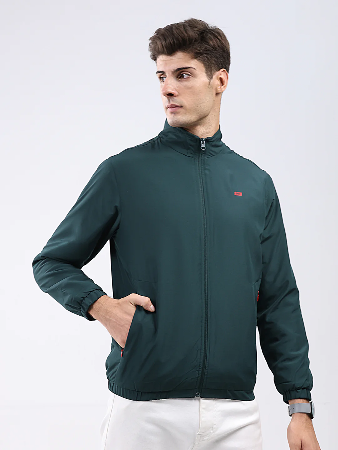 Men Dark Green Solid Stand Collar Full Sleeve Jacket - Image 4
