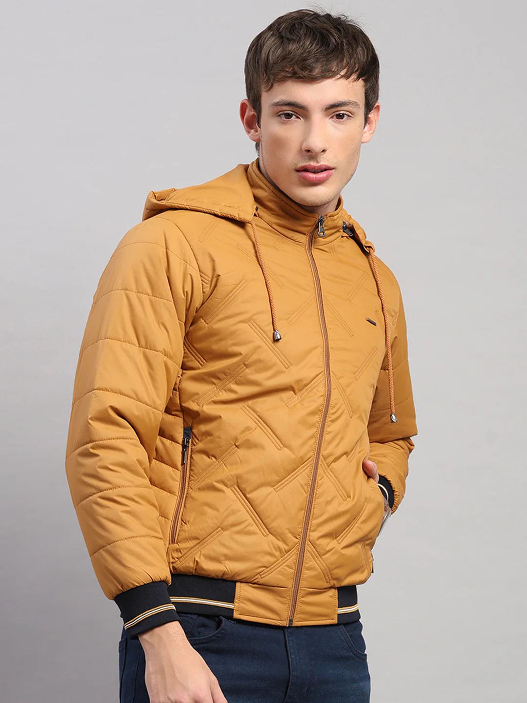 Men Golden Yellow Solid Hooded Full Sleeve Jacket - Image 4