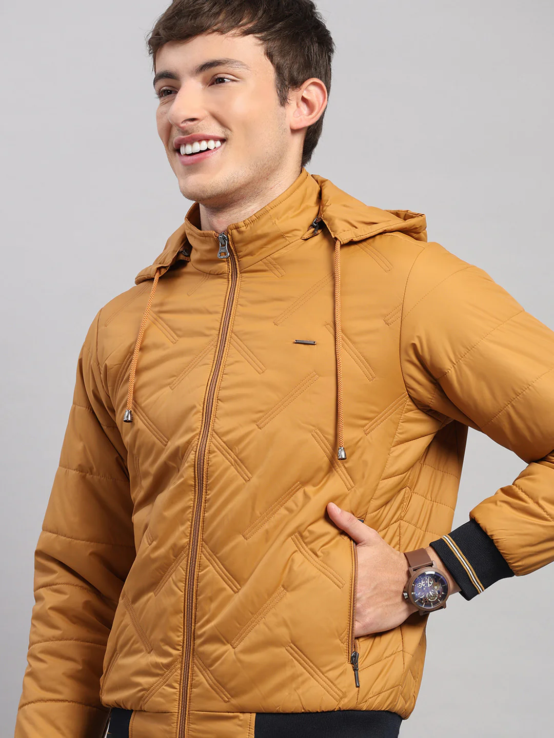 Men Golden Yellow Solid Hooded Full Sleeve Jacket - Image 6