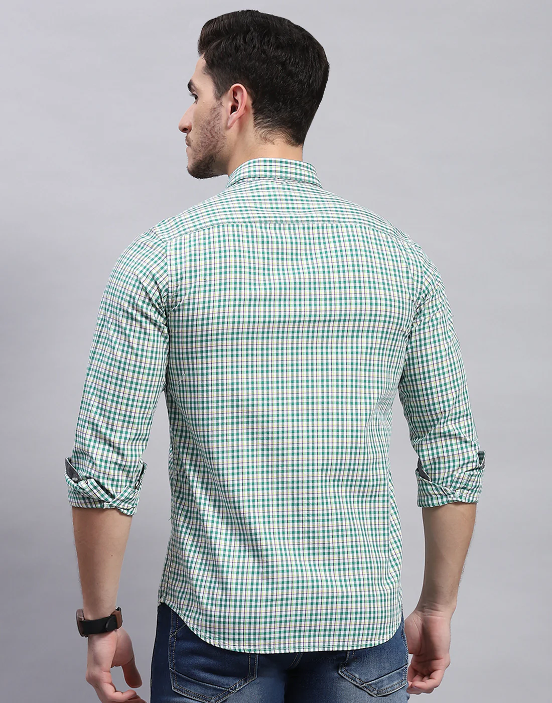 Men Green Check Collar Full Sleeve Shirt - Image 5