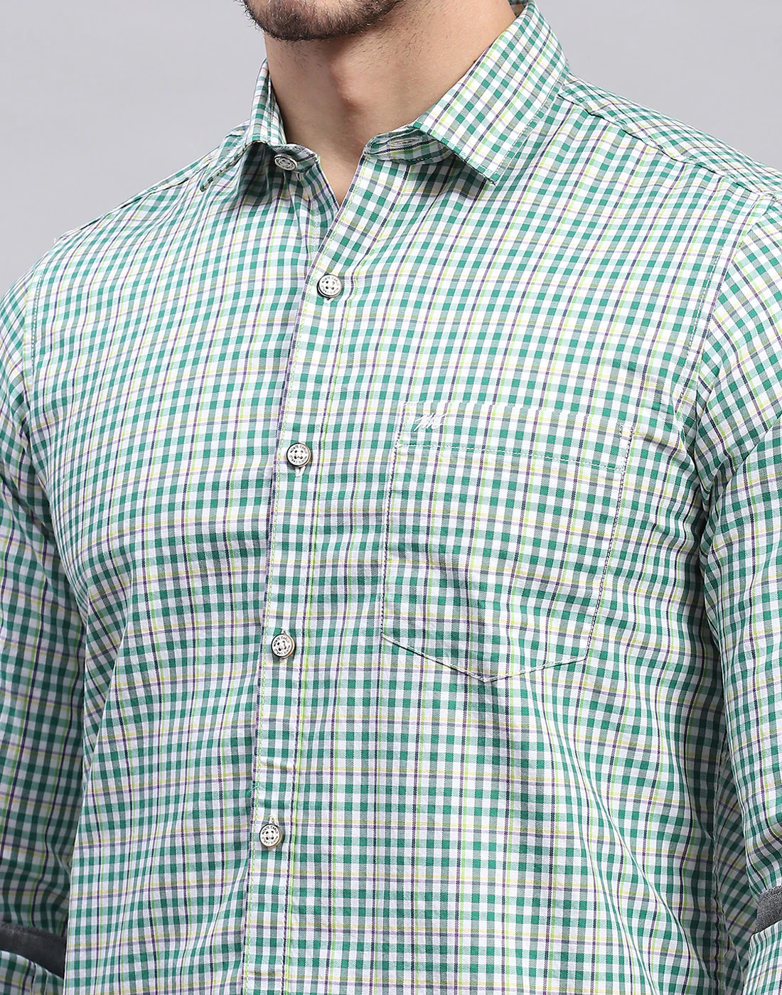 Men Green Check Collar Full Sleeve Shirt - Image 6