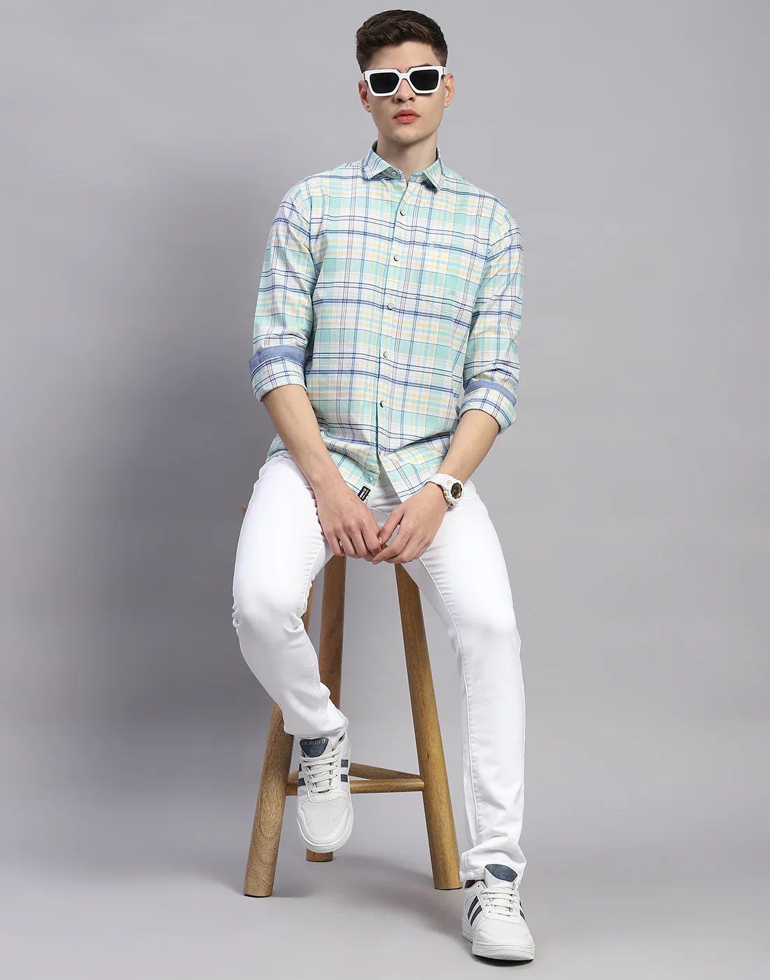 Men Green Check Collar Full Sleeve Shirt - Image 2