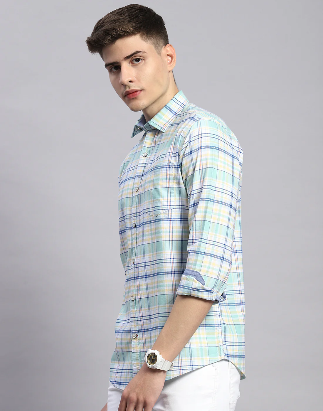 Men Green Check Collar Full Sleeve Shirt - Image 3