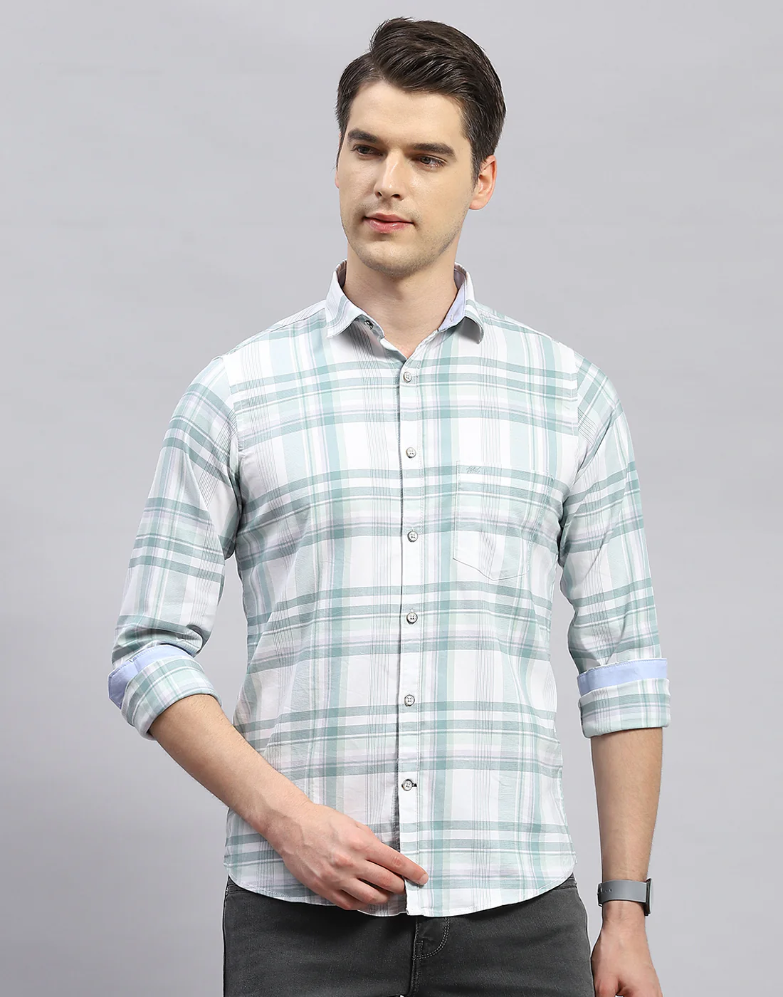 Men Green Check Collar Full Sleeve Shirt - Image 3