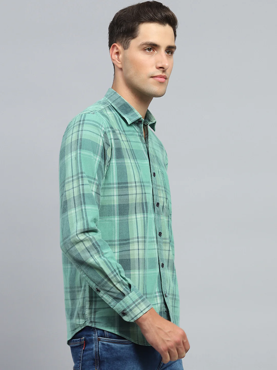 Men Green Check Collar Full Sleeve Shirt - Image 4