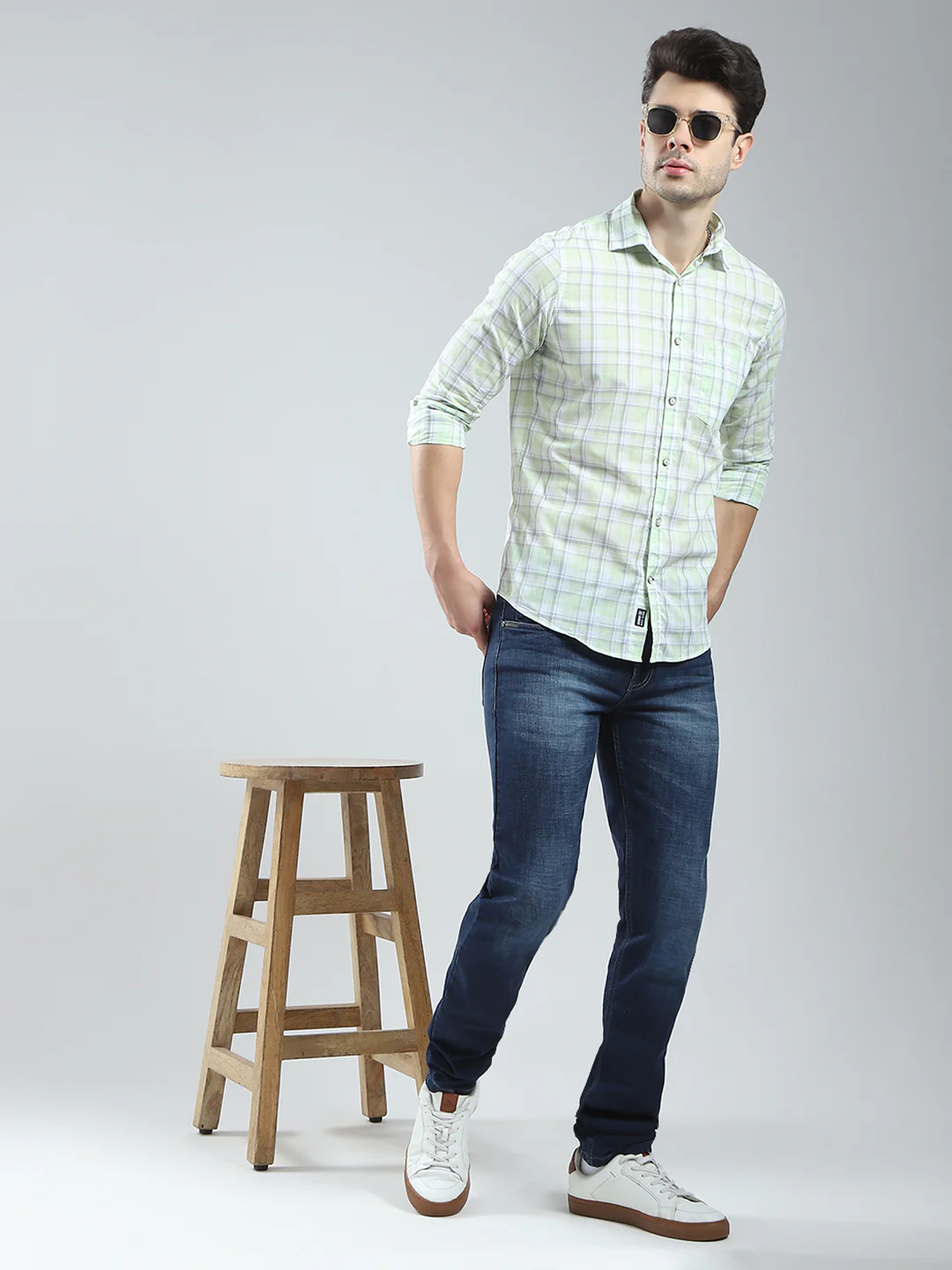 Men Green Check Collar Full Sleeve Shirt - Image 2