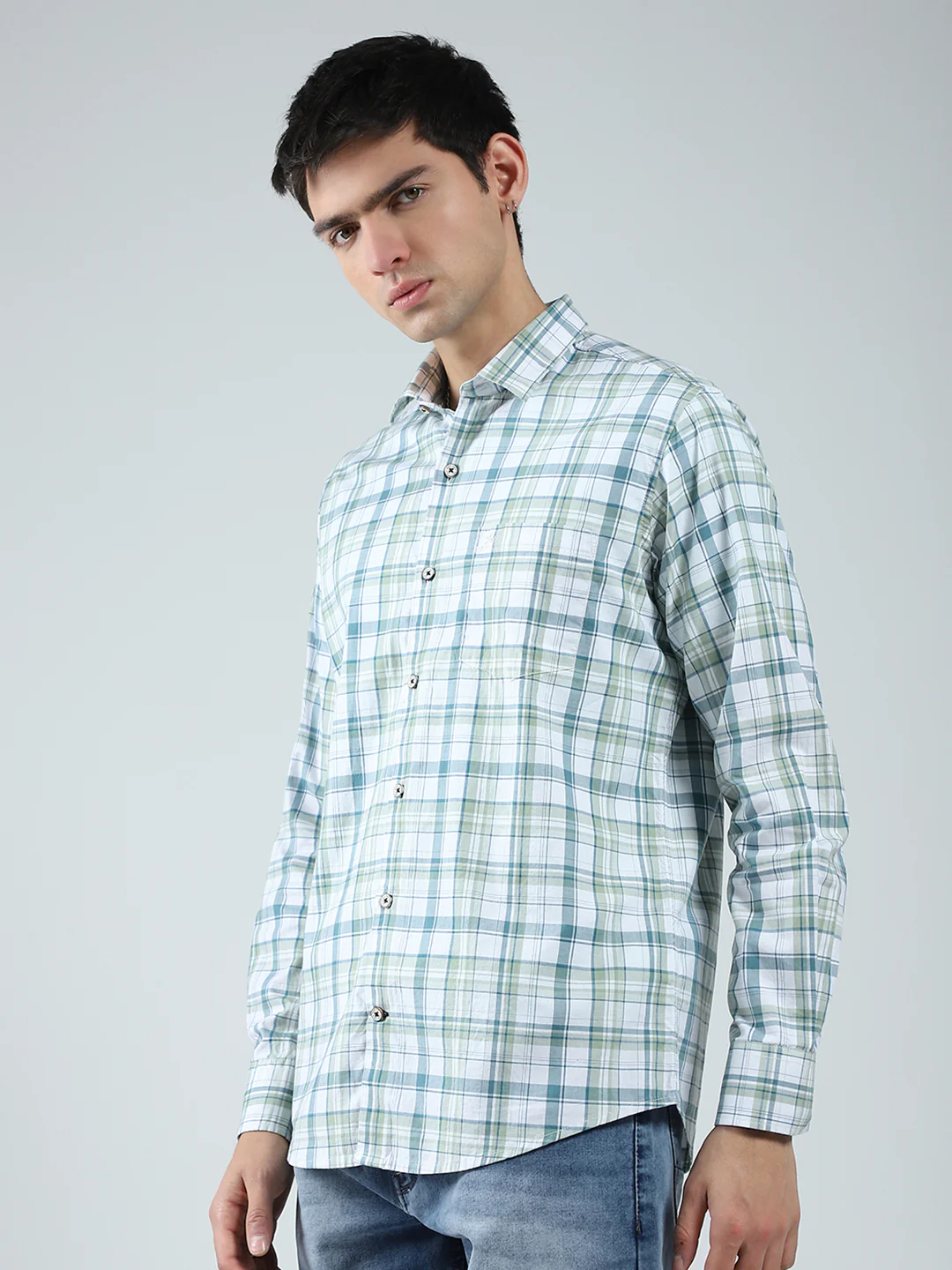 Men Green Check Collar Full Sleeve Shirt - Image 3