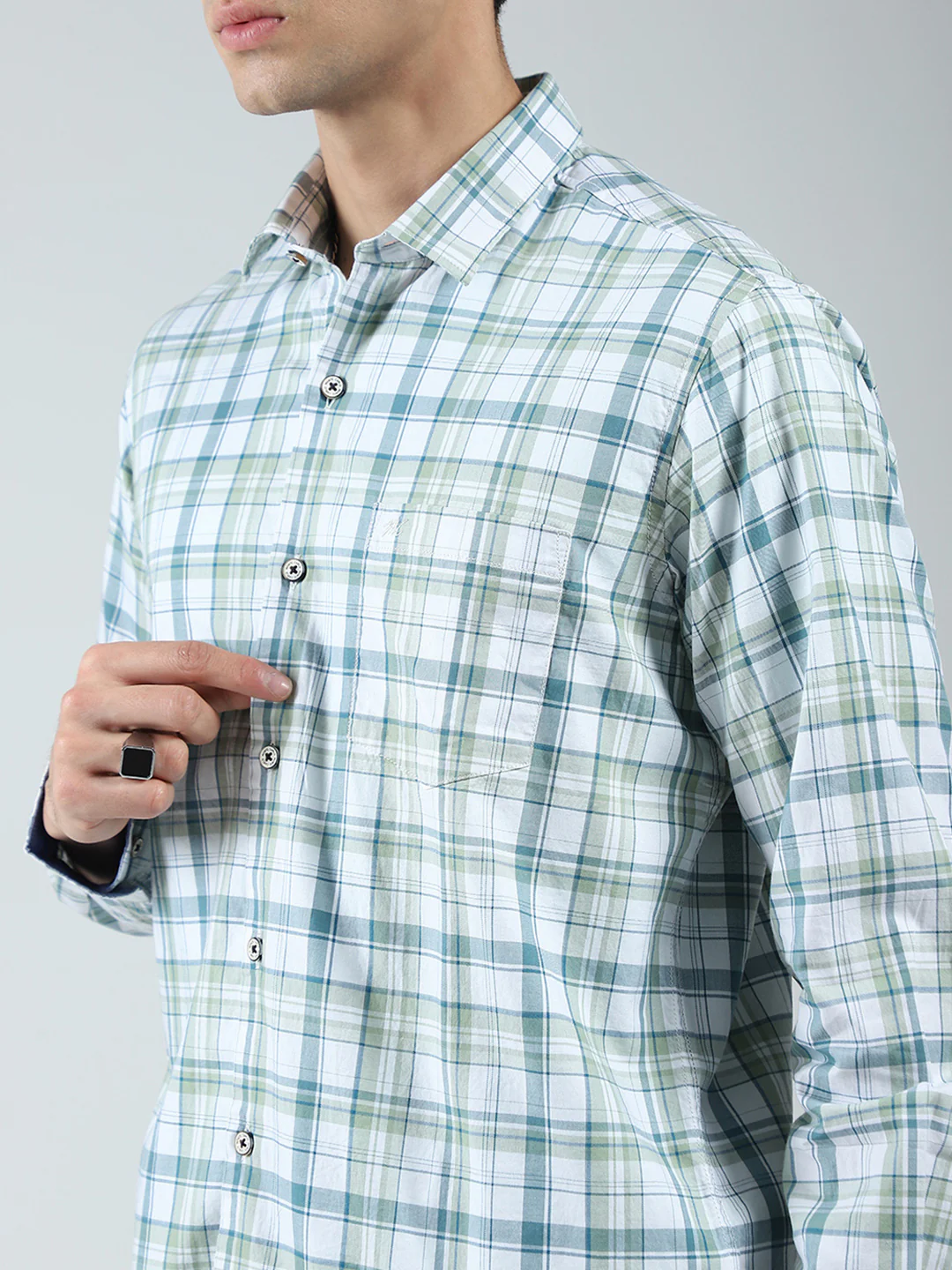 Men Green Check Collar Full Sleeve Shirt - Image 6