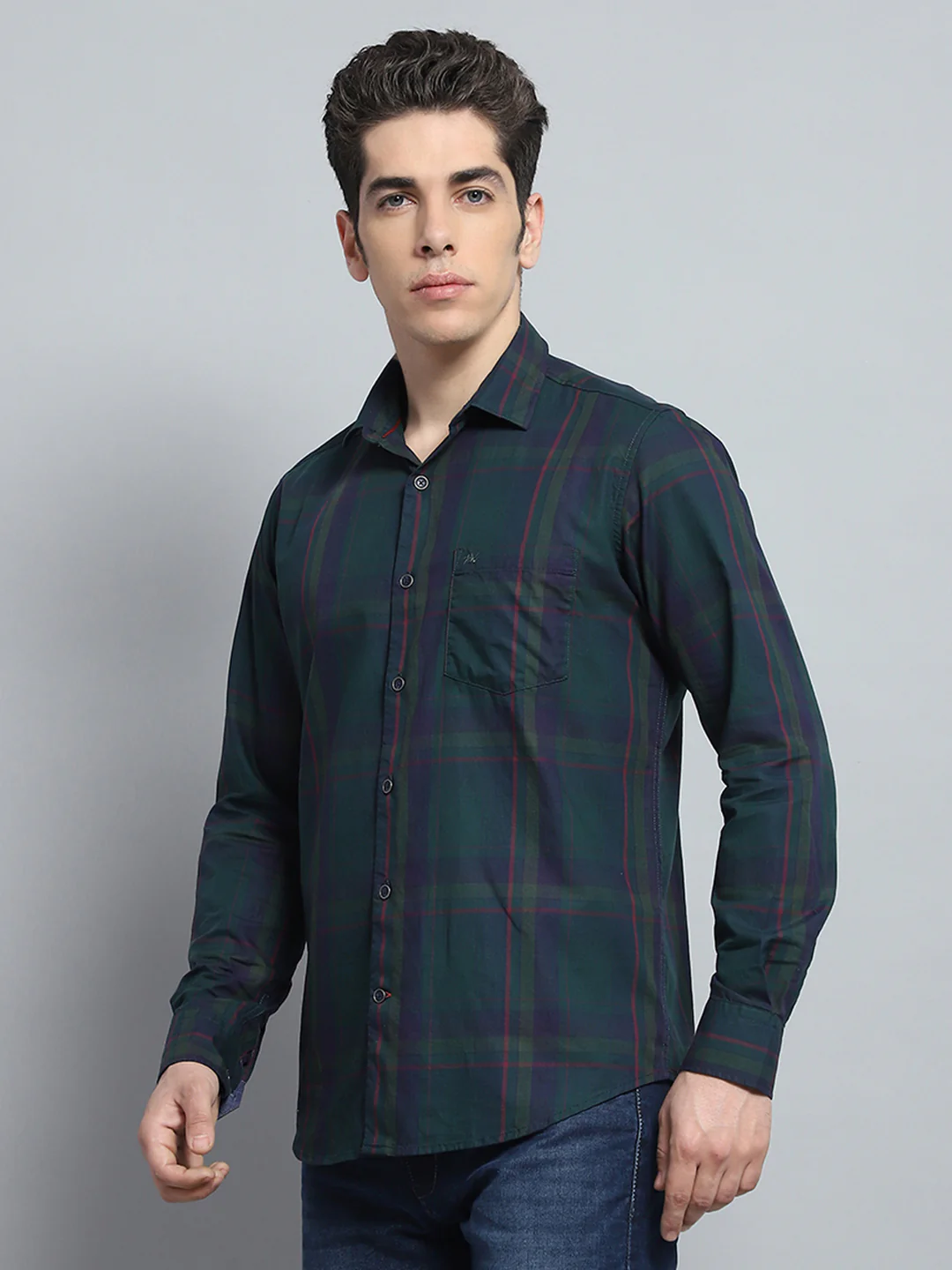 Men Green Check Collar Full Sleeve Shirt - Image 3