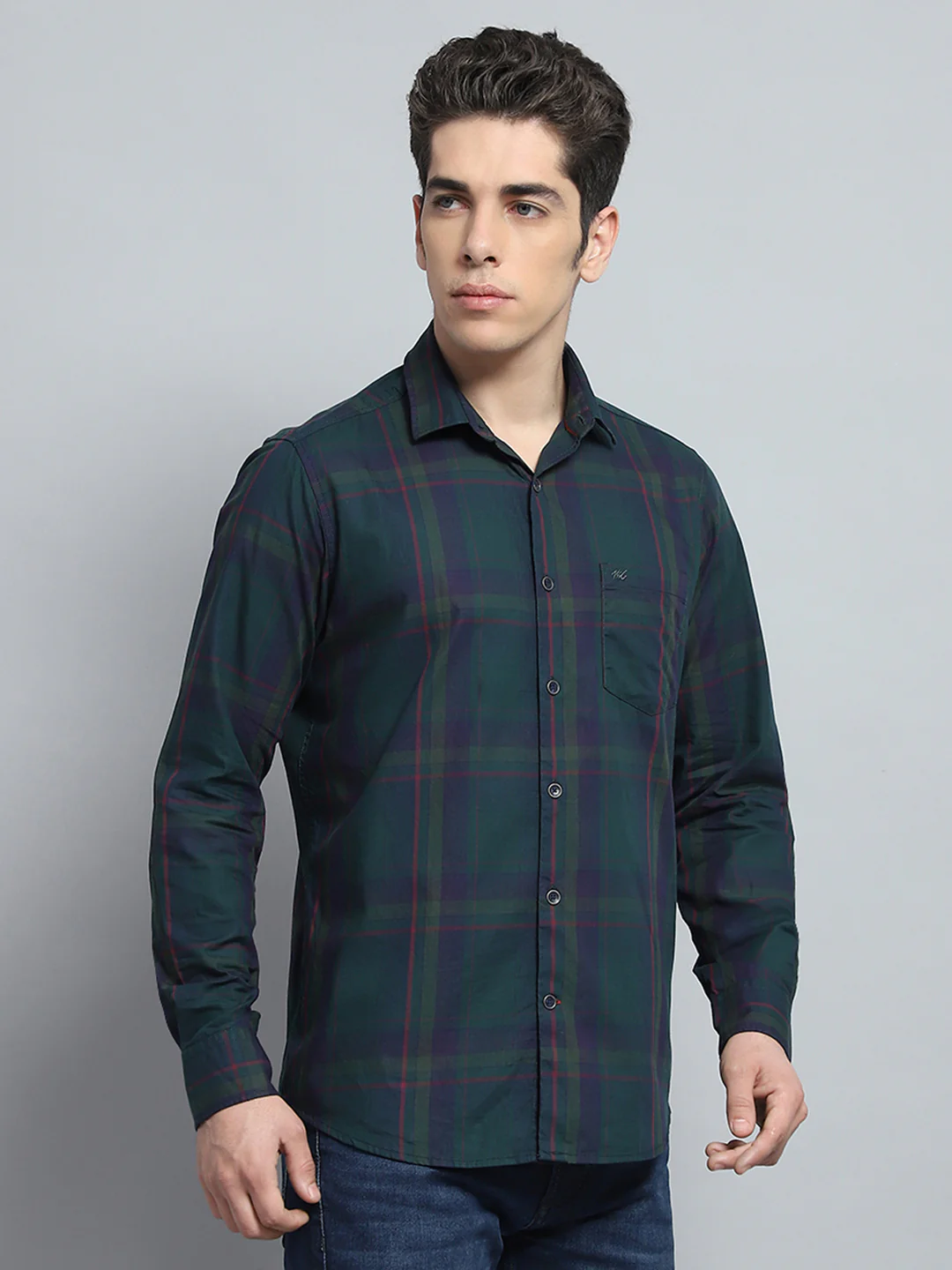 Men Green Check Collar Full Sleeve Shirt - Image 4