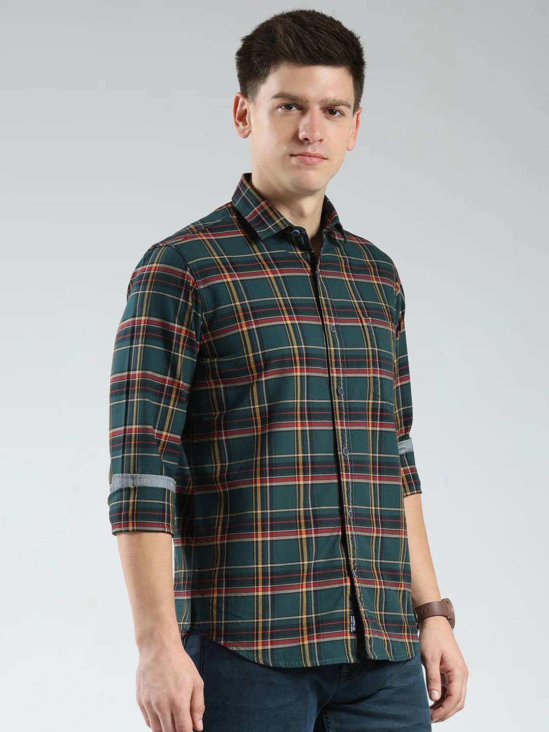 Men Green Check Collar Full Sleeve Shirt - Image 4
