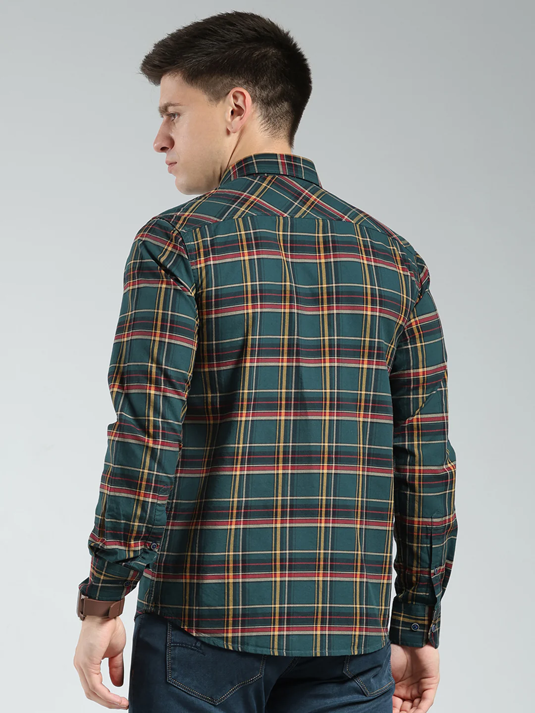 Men Green Check Collar Full Sleeve Shirt - Image 5
