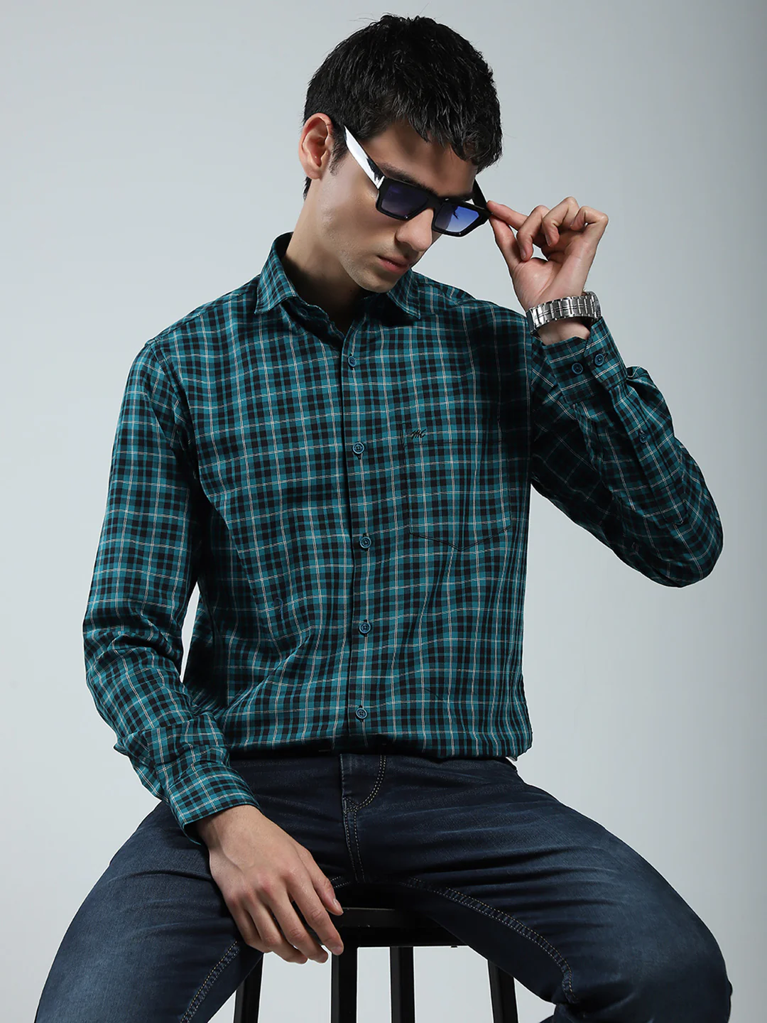 Men Green Check Collar Full Sleeve Shirt - Image 6
