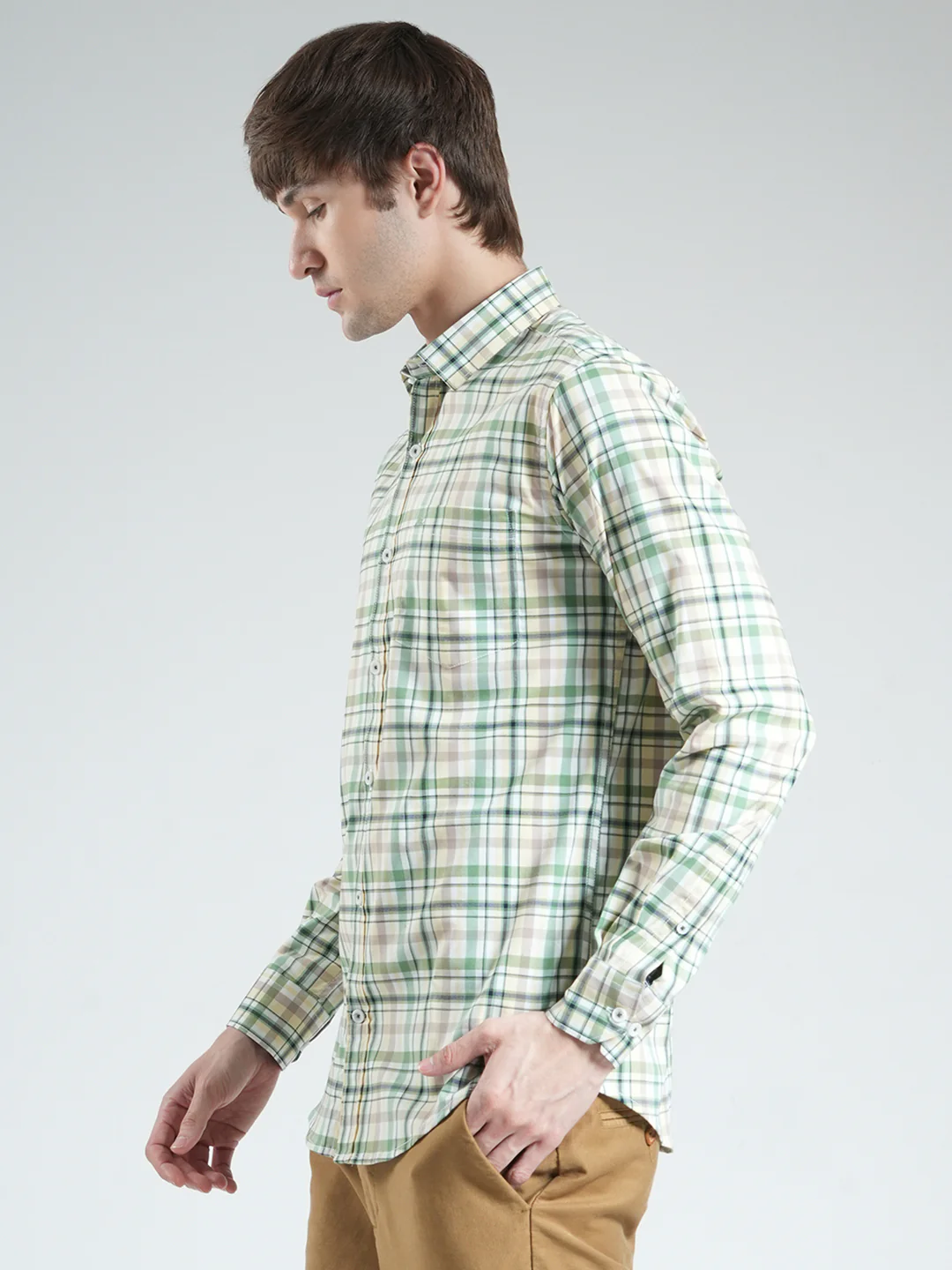 Men Green Check Collar Full Sleeve Shirt - Image 3
