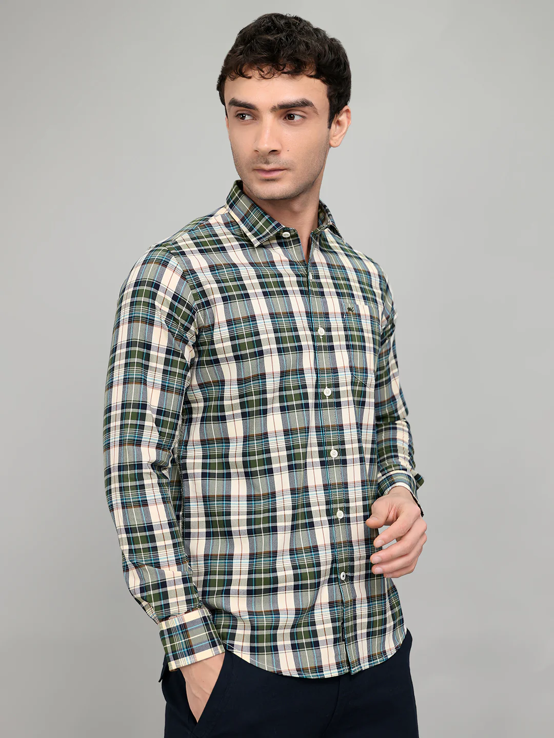 Men Green Check Collar Full Sleeve Shirt - Image 3