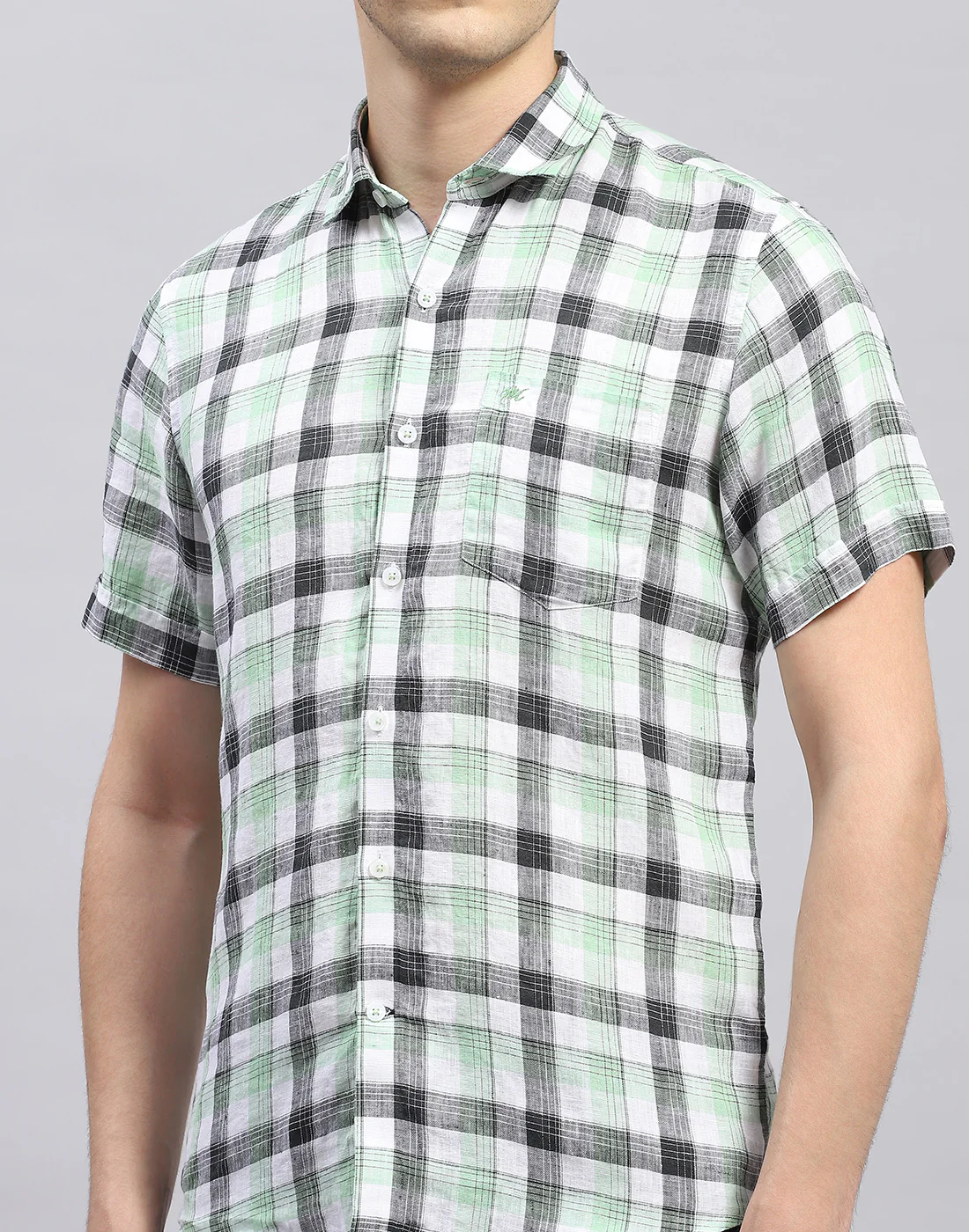 Men Green Check Collar Half Sleeve Linen Shirt - Image 6