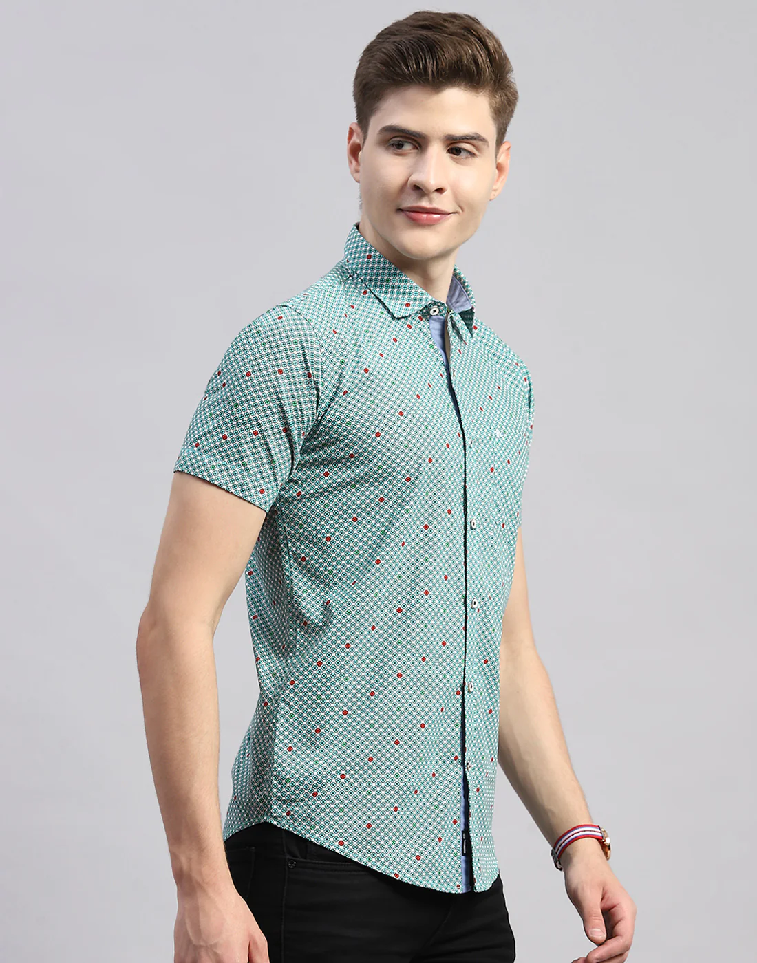 Men Green Check Collar Half Sleeve Shirt - Image 4