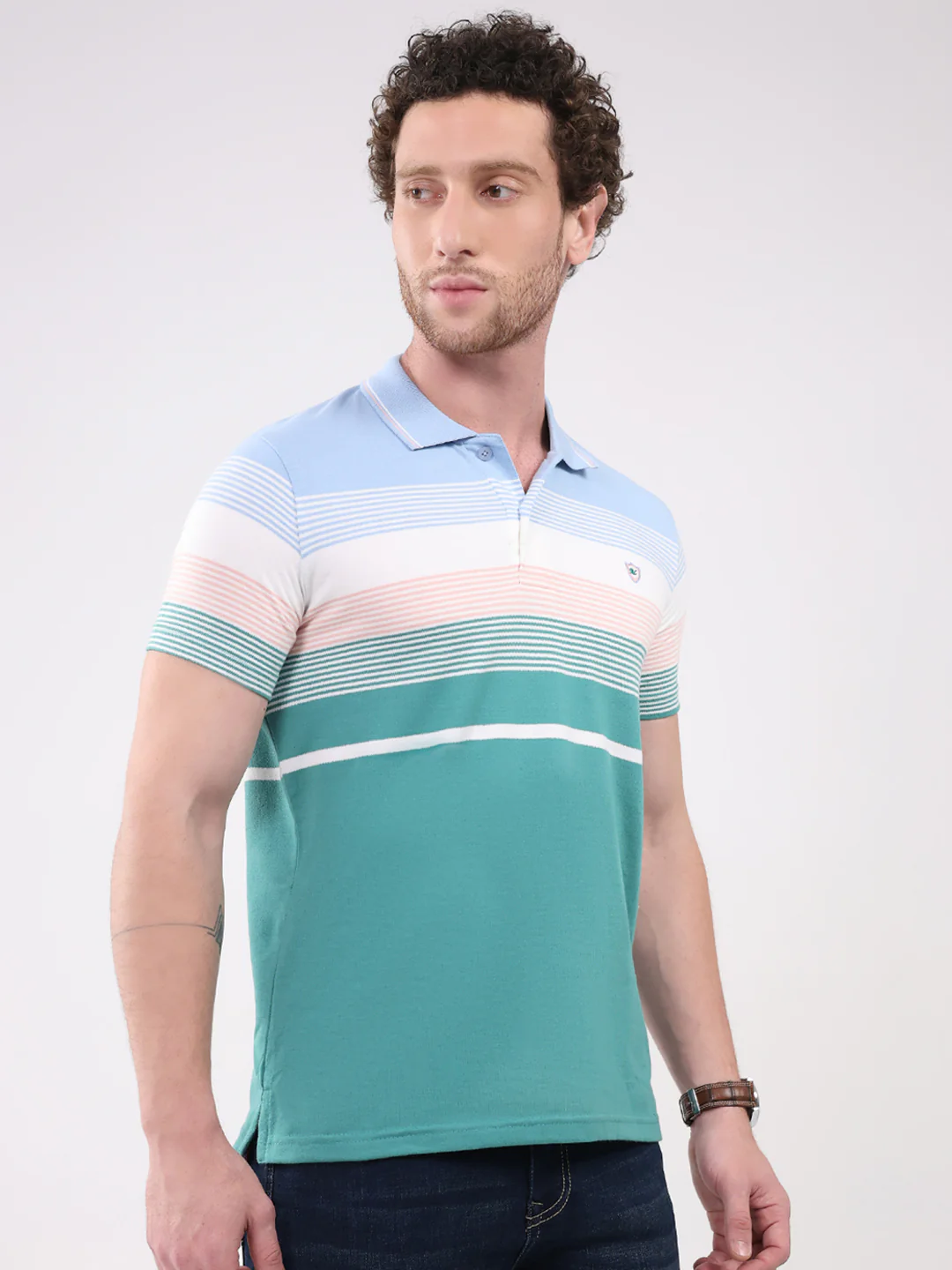 Men Green Check Collar Half Sleeve T-Shirt - Image 4