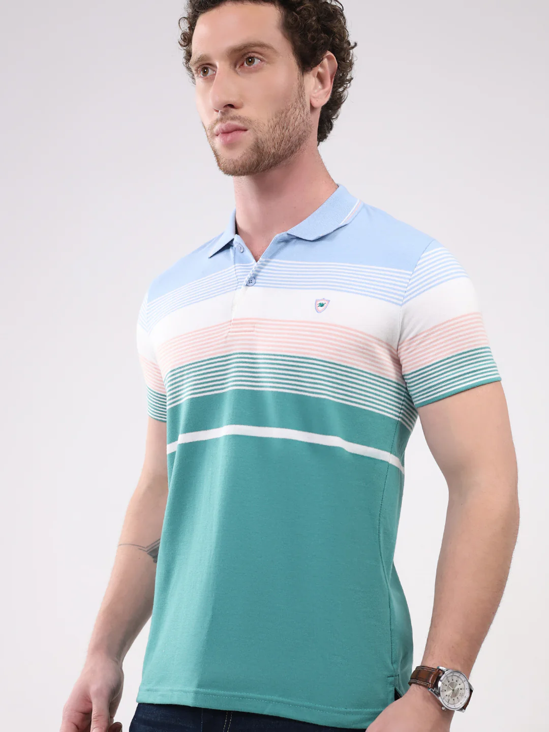 Men Green Check Collar Half Sleeve T-Shirt - Image 6