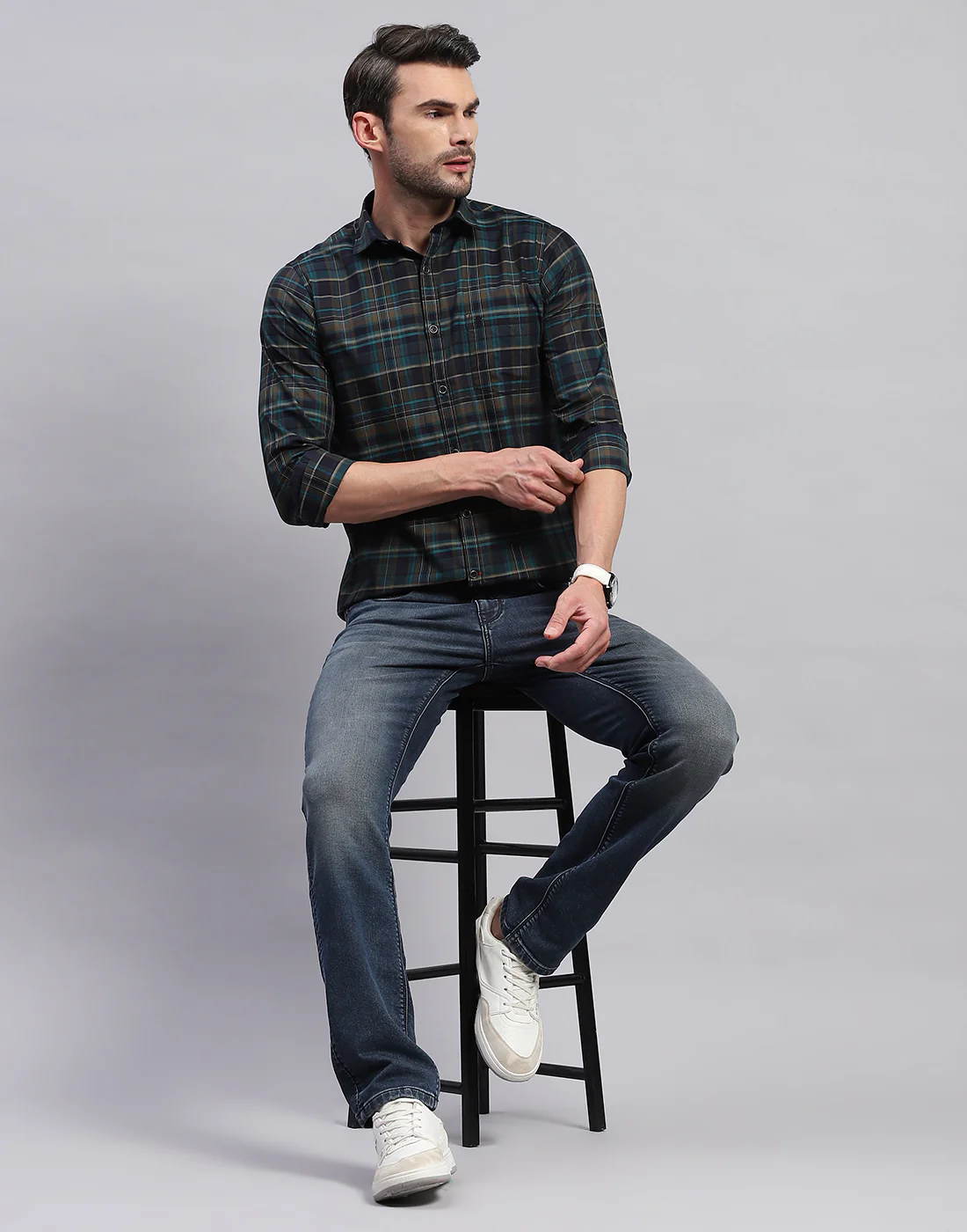 Men Green Check Collar Neck Full Sleeve Shirt - Image 2