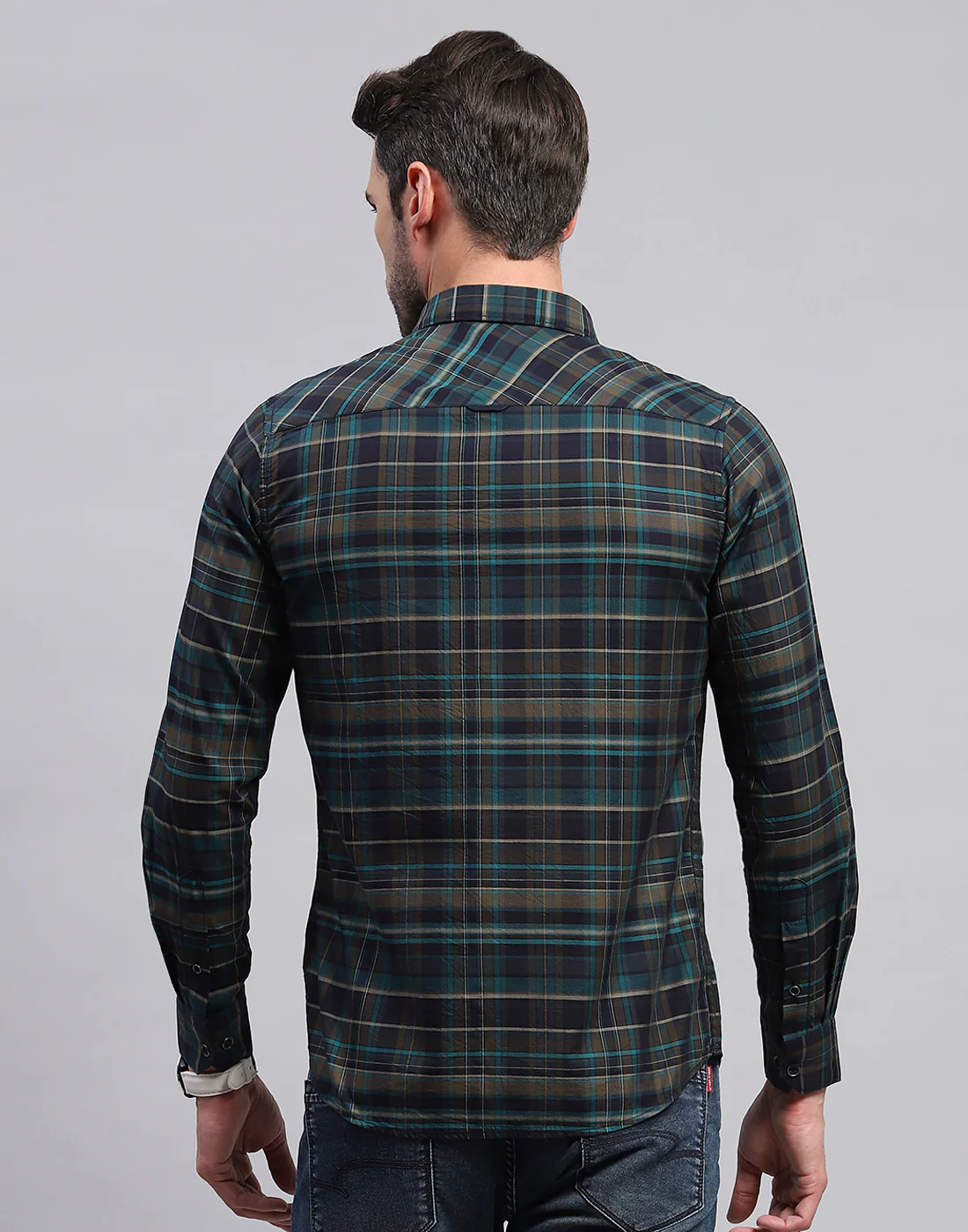 Men Green Check Collar Neck Full Sleeve Shirt - Image 5