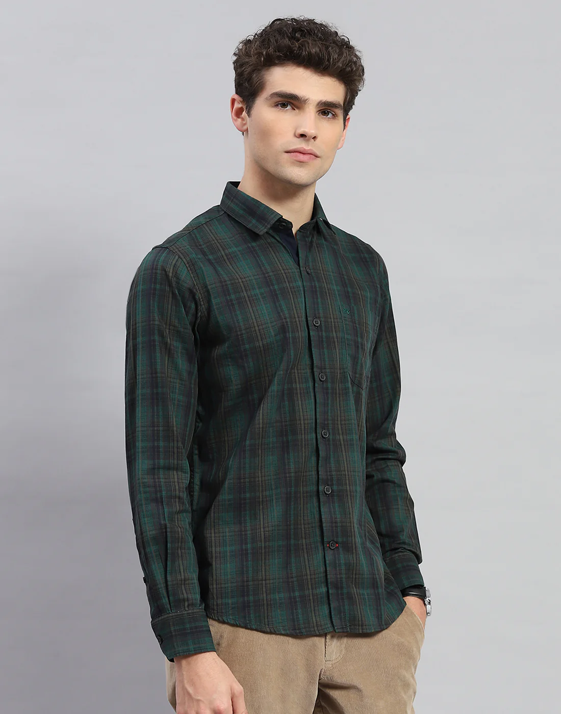 Men Green Check Collar Neck Full Sleeve Shirt - Image 4