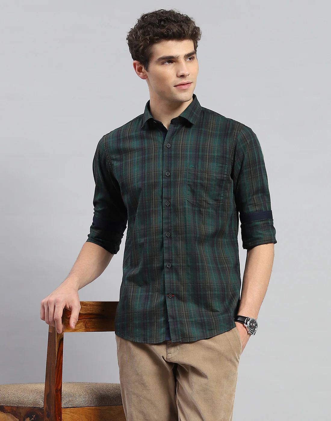Men Green Check Collar Neck Full Sleeve Shirt - Image 6