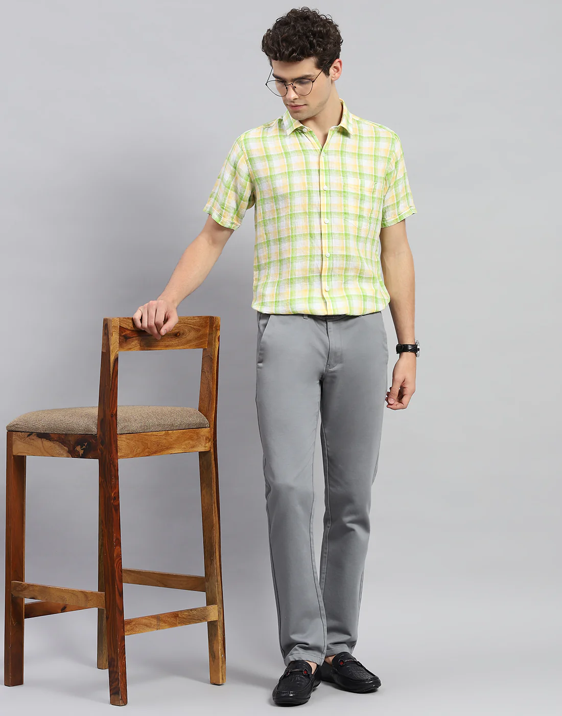 Men Green Check Collar Neck Half Sleeve Linen Shirt - Image 2