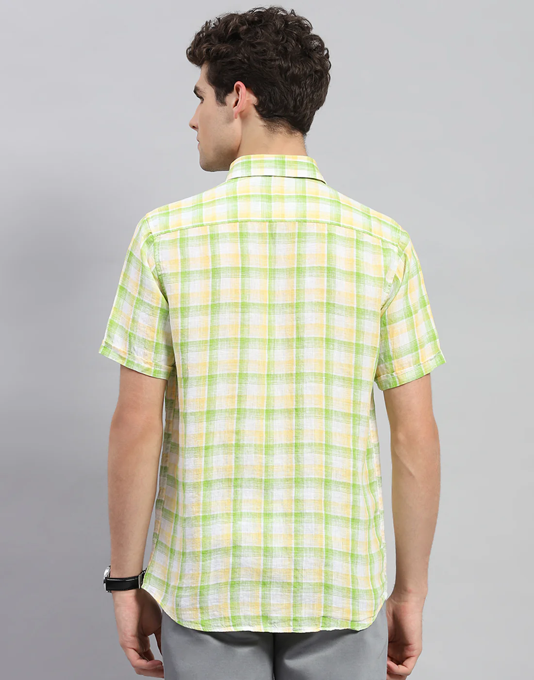Men Green Check Collar Neck Half Sleeve Linen Shirt - Image 5