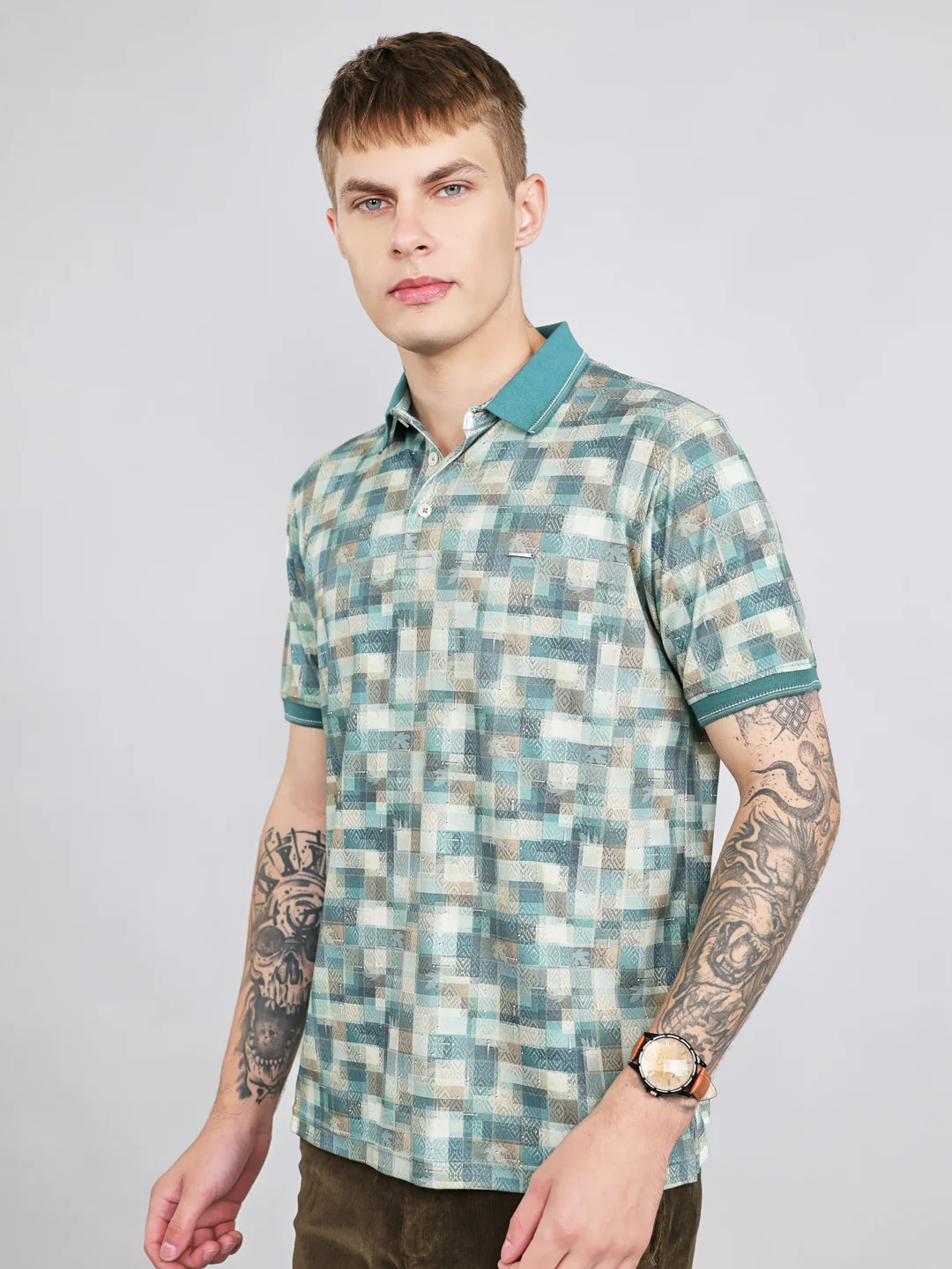 Men Green Colourblocked Collar Half Sleeve T-Shirt - Image 3