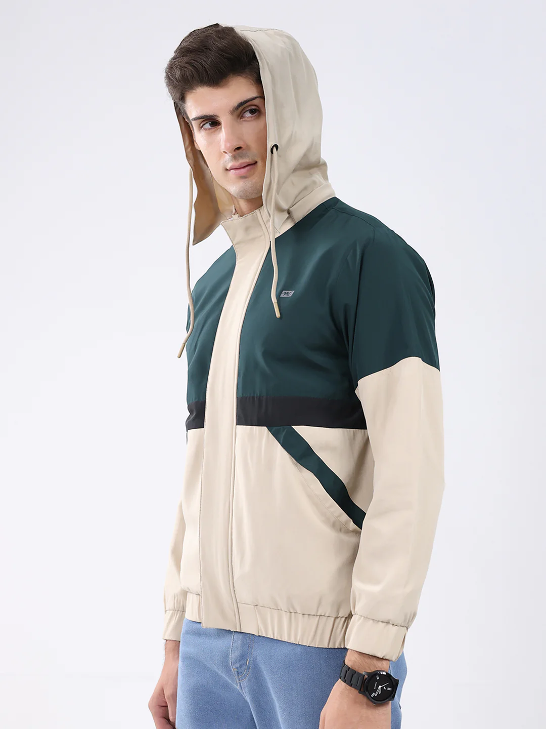 Men Green Colourblocked Hooded Full Sleeve Jacket - Image 6
