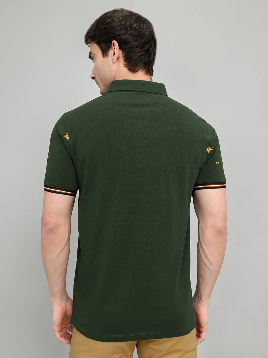 Men Green Embroidered Collar Half Sleeve T-Shirt - Image 4