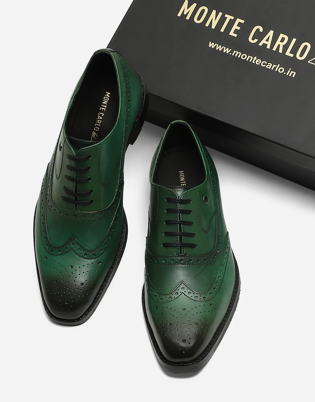 Men Green Lace Up Genuine Leather Formal Brogues - Image 2
