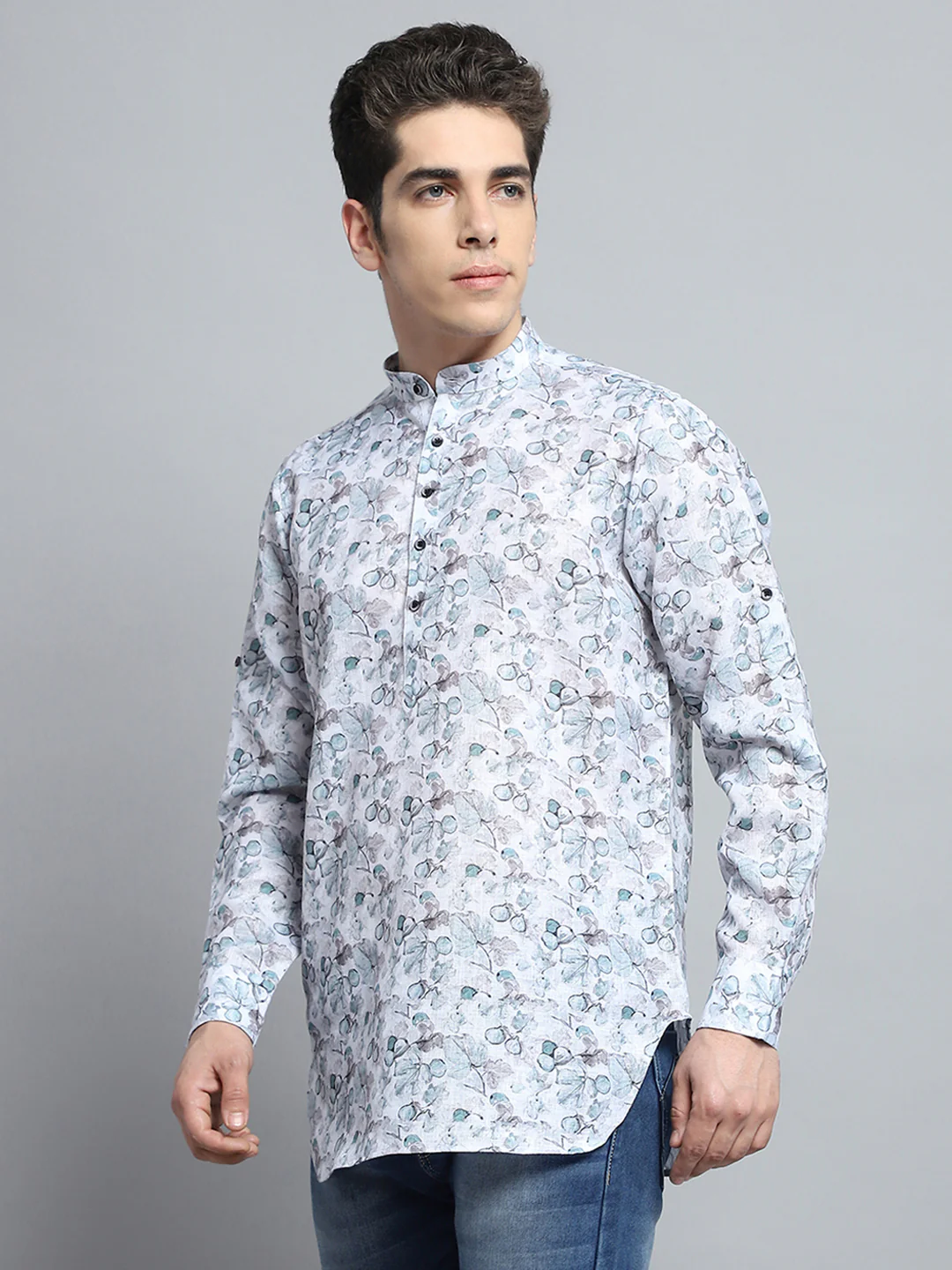 Men Green Printed Band Collar Full Sleeve Kurta - Image 3