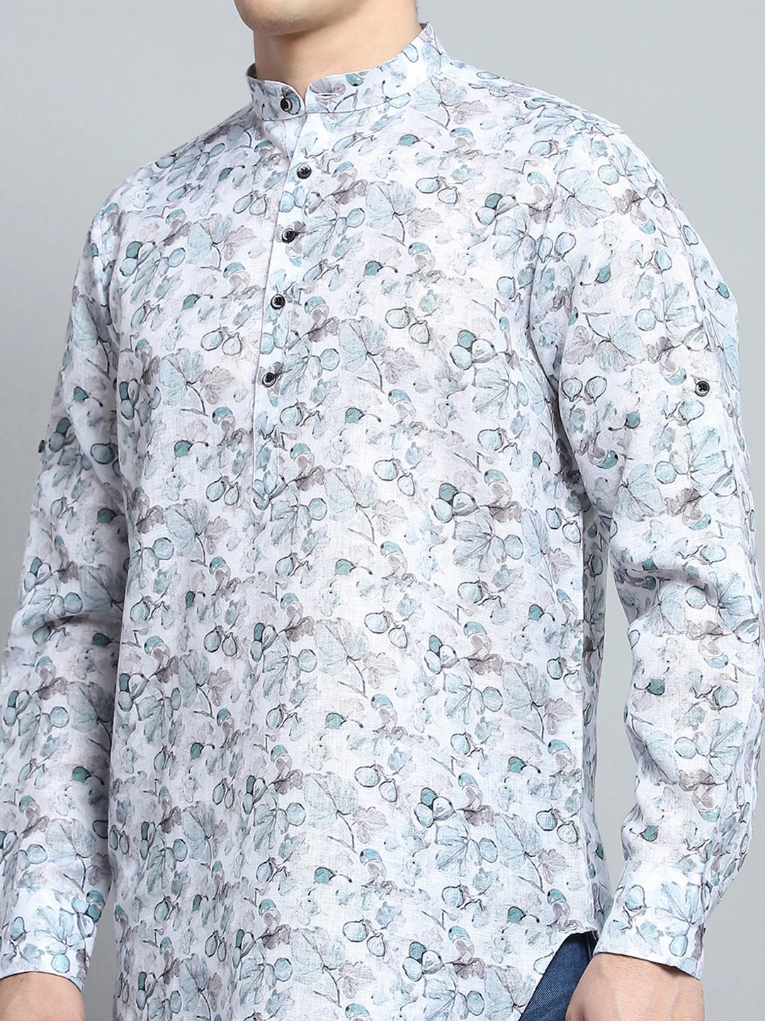Men Green Printed Band Collar Full Sleeve Kurta - Image 6