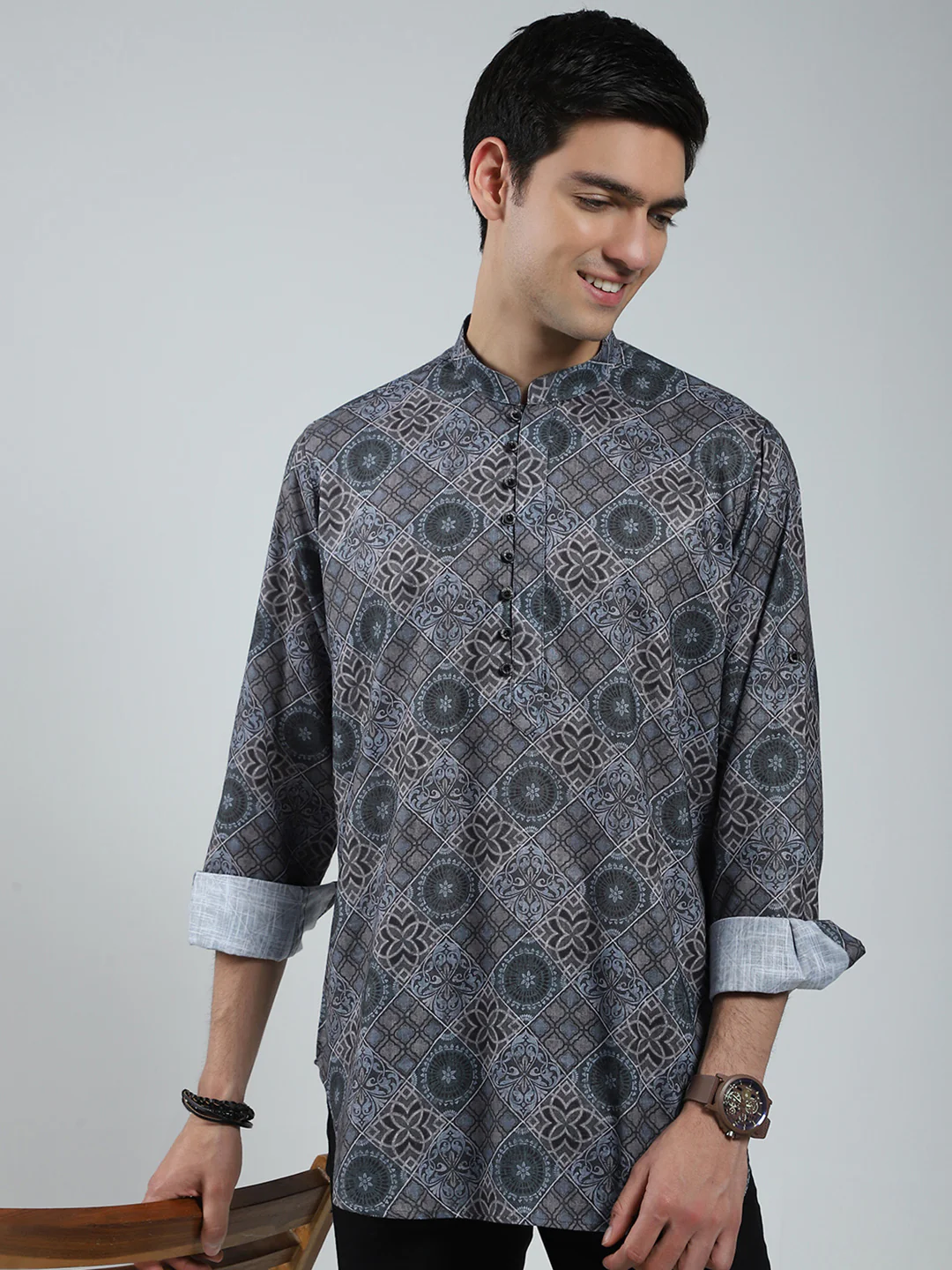 Men Green Printed Band Collar Full Sleeve Kurta - Image 6